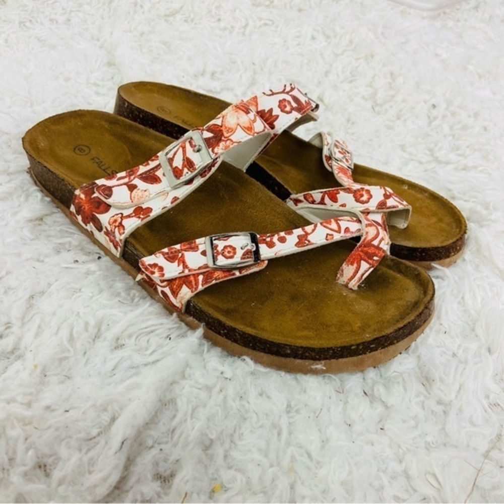 FALLS CREEK white & orange Floral Women's cork Sandals size 8